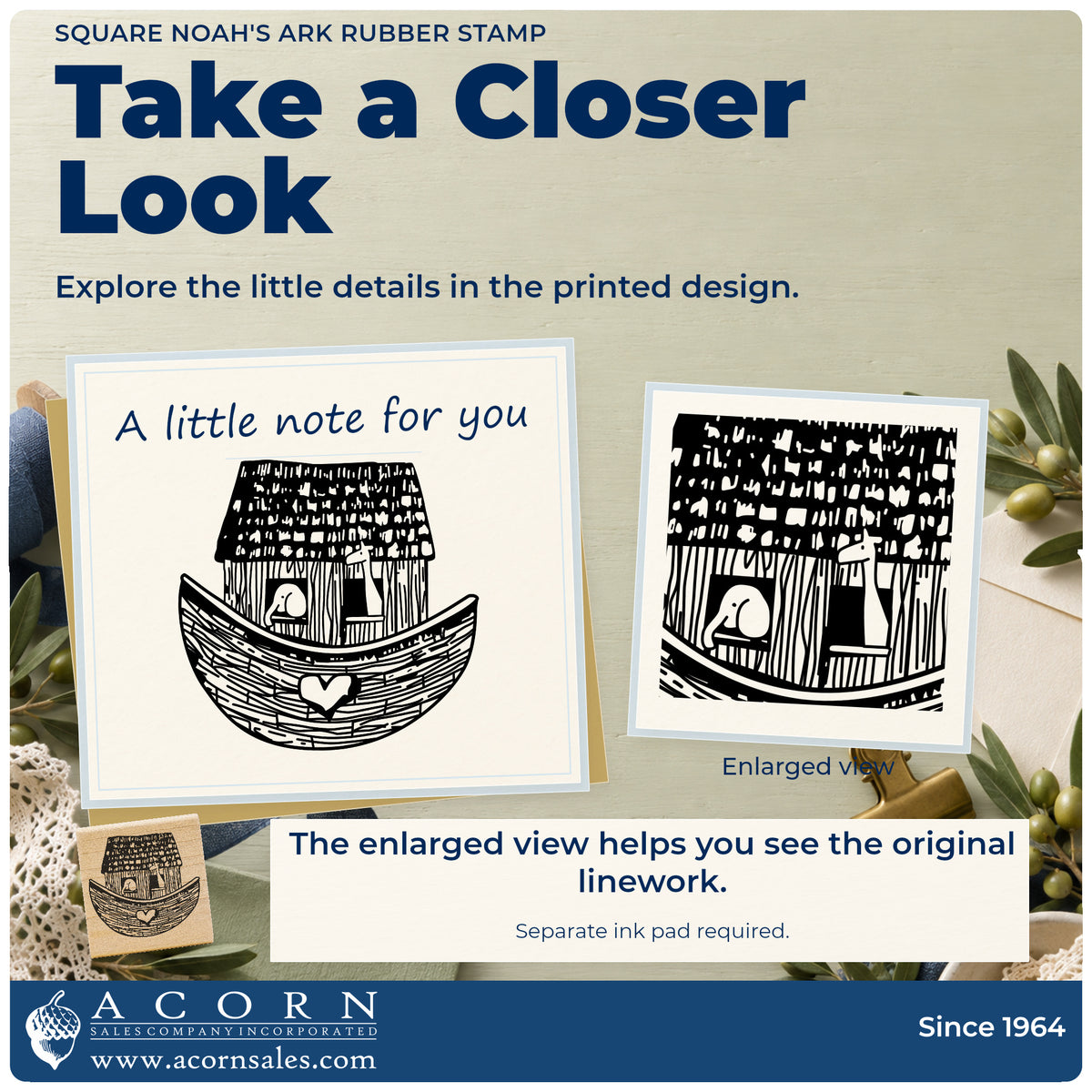Square Noah's Ark Rubber Stamp detail infographic with an enlarged view of the printed design.