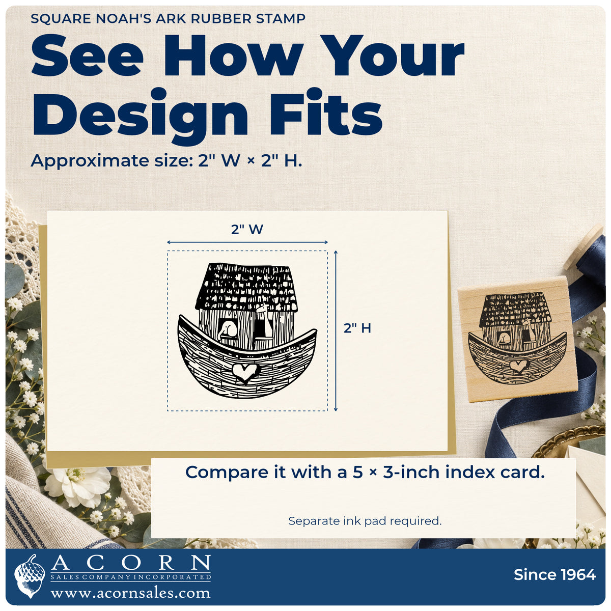 Square Noah's Ark Rubber Stamp impression-size guide showing the design on a paper reference with dimension labels.