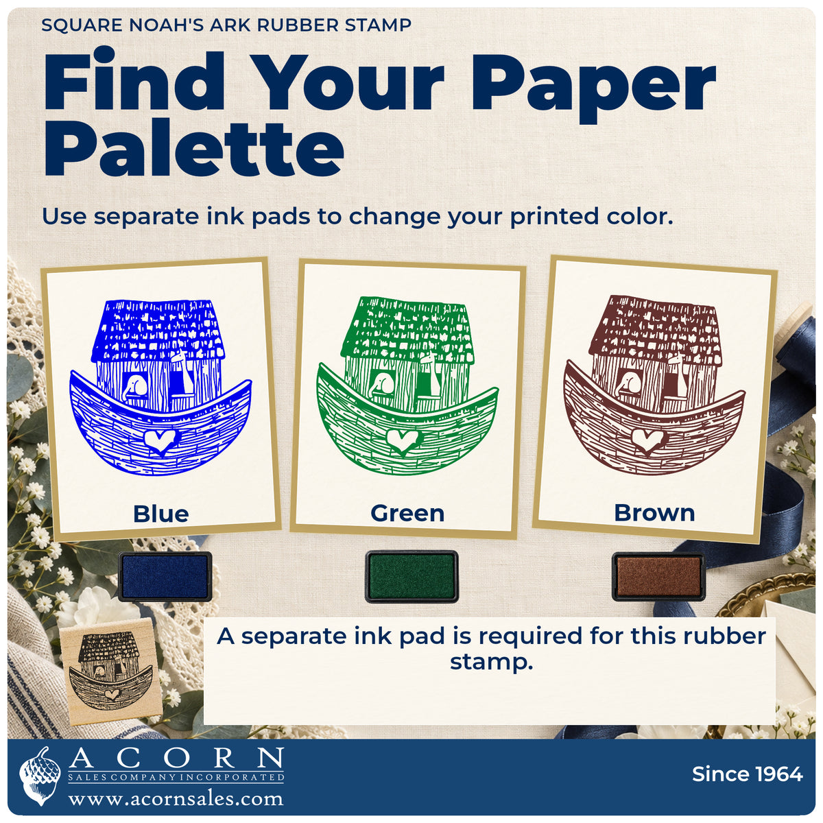 Square Noah's Ark Rubber Stamp ink-color infographic comparing three single-color impressions and a separate ink pad.