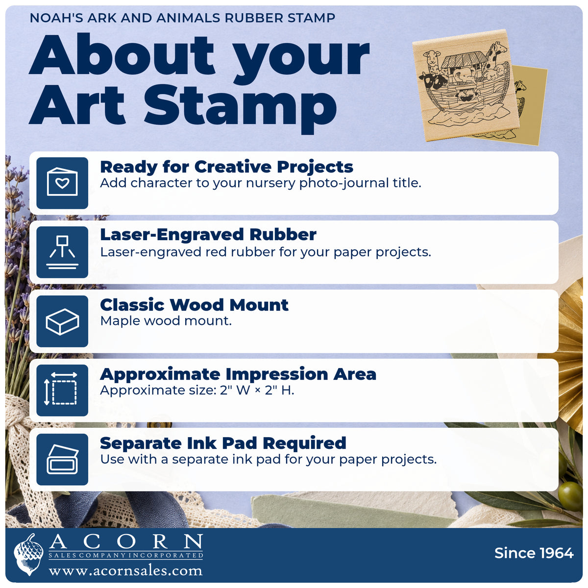 Noah's Ark and Animals Rubber Stamp feature guide covering the wood mount, rubber construction, approximate size and separate ink pad.
