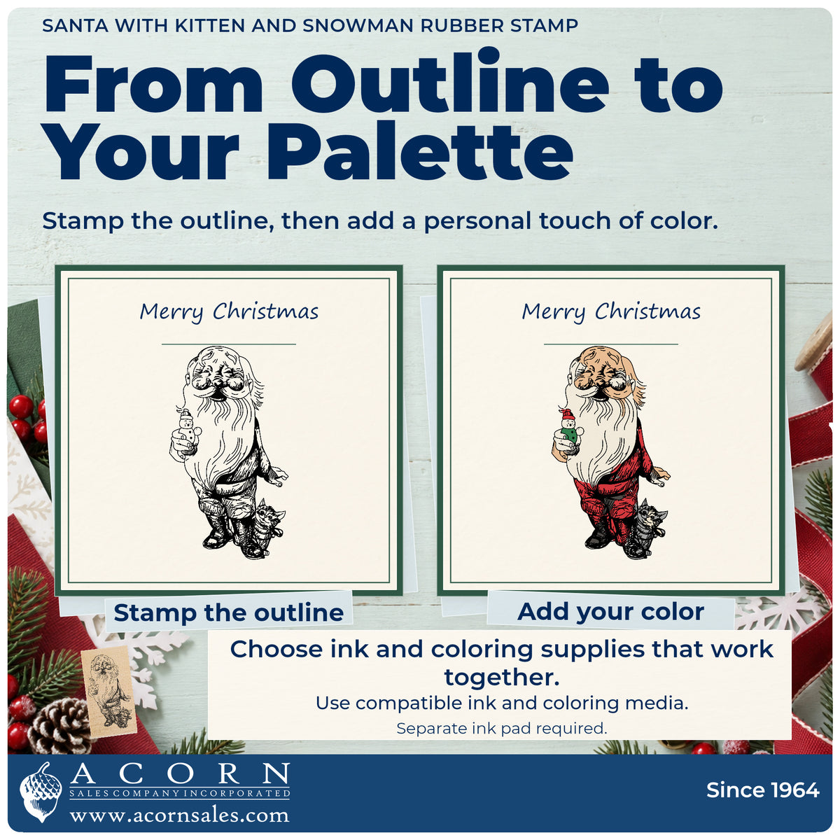 Santa with Kitten and Snowman Rubber Stamp stamp-and-color guide comparing an outline impression with a colored example.