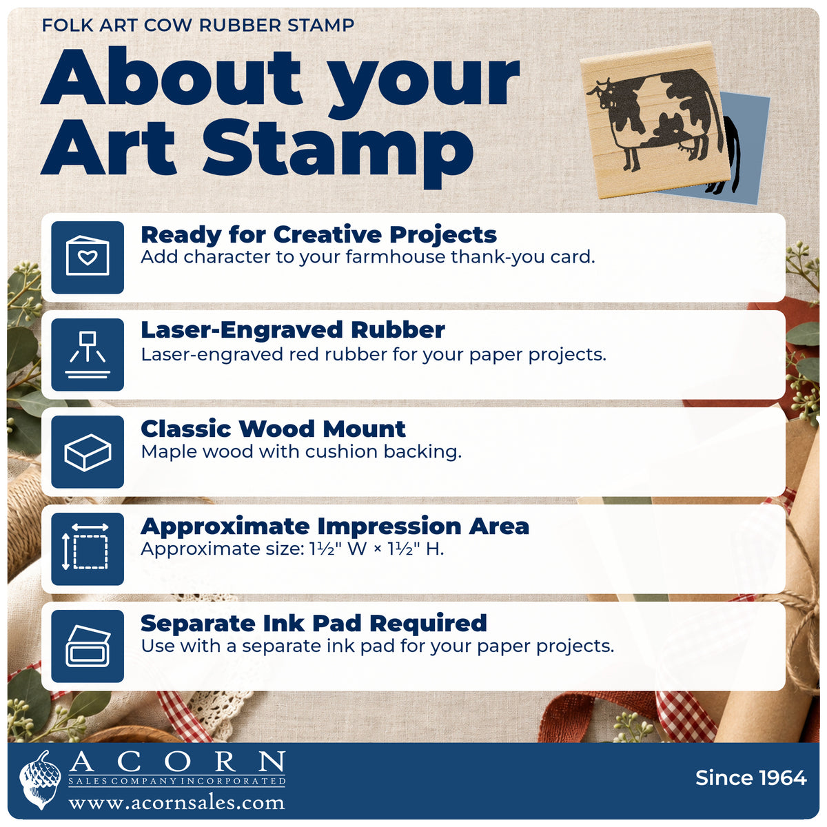 Folk Art Cow Rubber Stamp feature guide covering the wood mount, rubber construction, approximate size and separate ink pad.