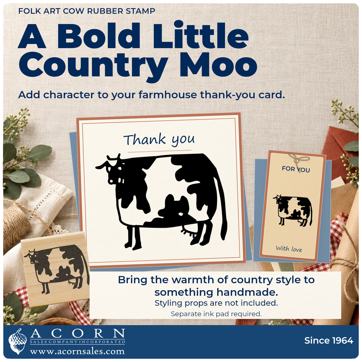 Folk Art Cow Rubber Stamp project inspiration: farmhouse thank you card.