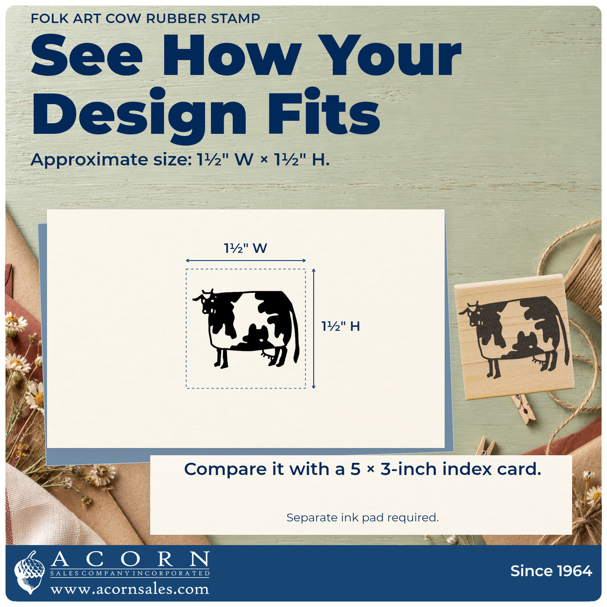 Folk Art Cow Rubber Stamp impression-size guide showing the design on a paper reference with dimension labels.