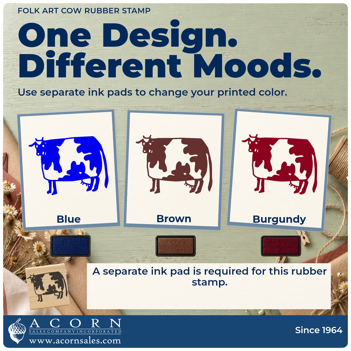 Folk Art Cow Rubber Stamp ink-color infographic comparing three single-color impressions and a separate ink pad.