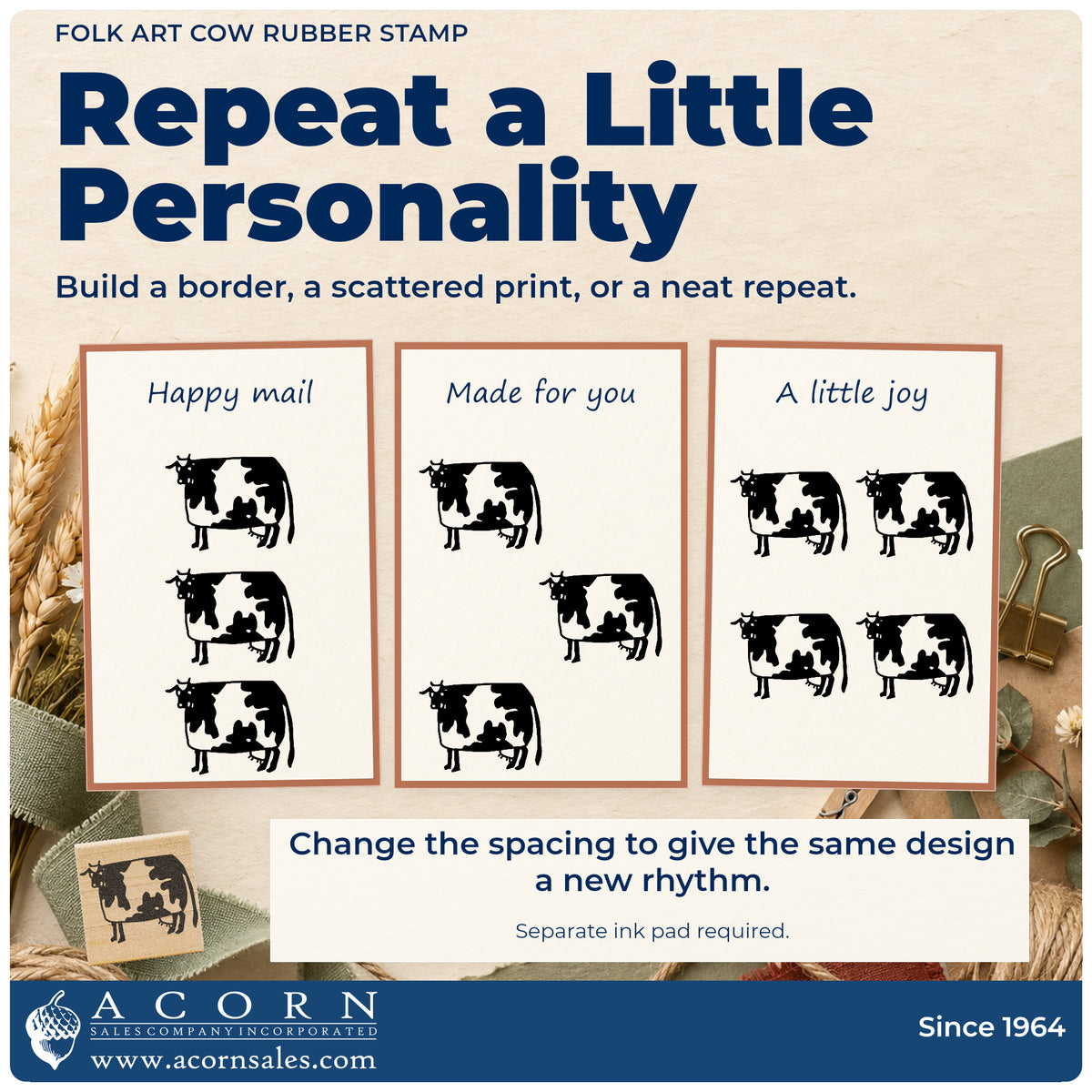 Folk Art Cow Rubber Stamp pattern guide showing repeated impressions in borders, scattered prints and a grid.