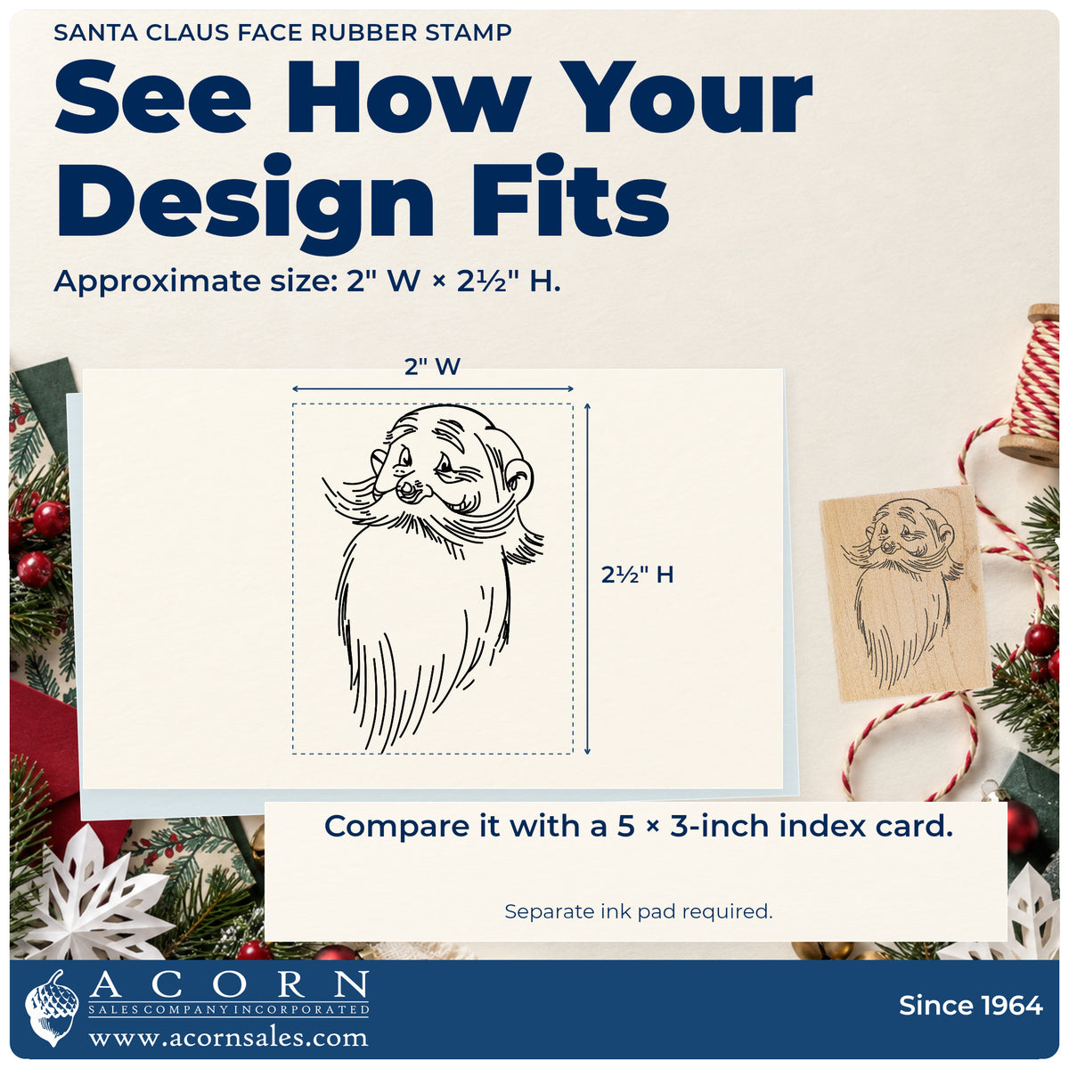 Santa Claus Face Rubber Stamp impression-size guide showing the design on a paper reference with dimension labels.