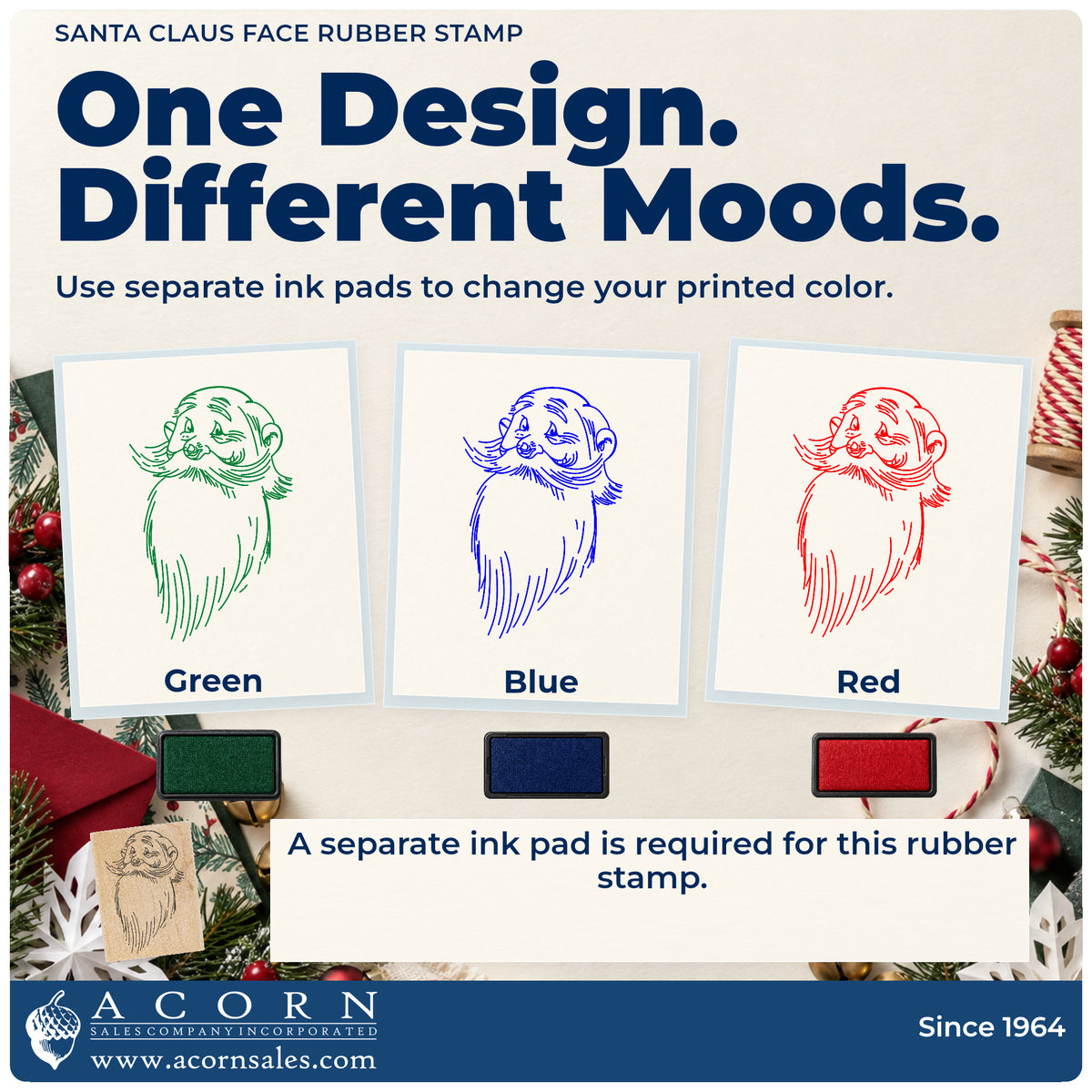 Santa Claus Face Rubber Stamp ink-color infographic comparing three single-color impressions and a separate ink pad.