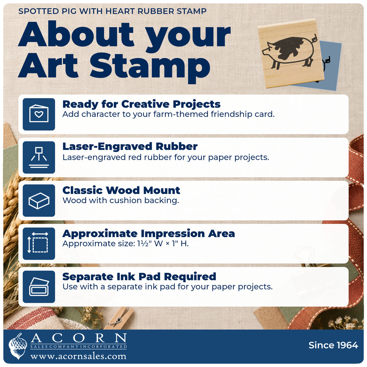 Spotted Pig with Heart Rubber Stamp feature guide covering the wood mount, rubber construction, approximate size and separate ink pad.