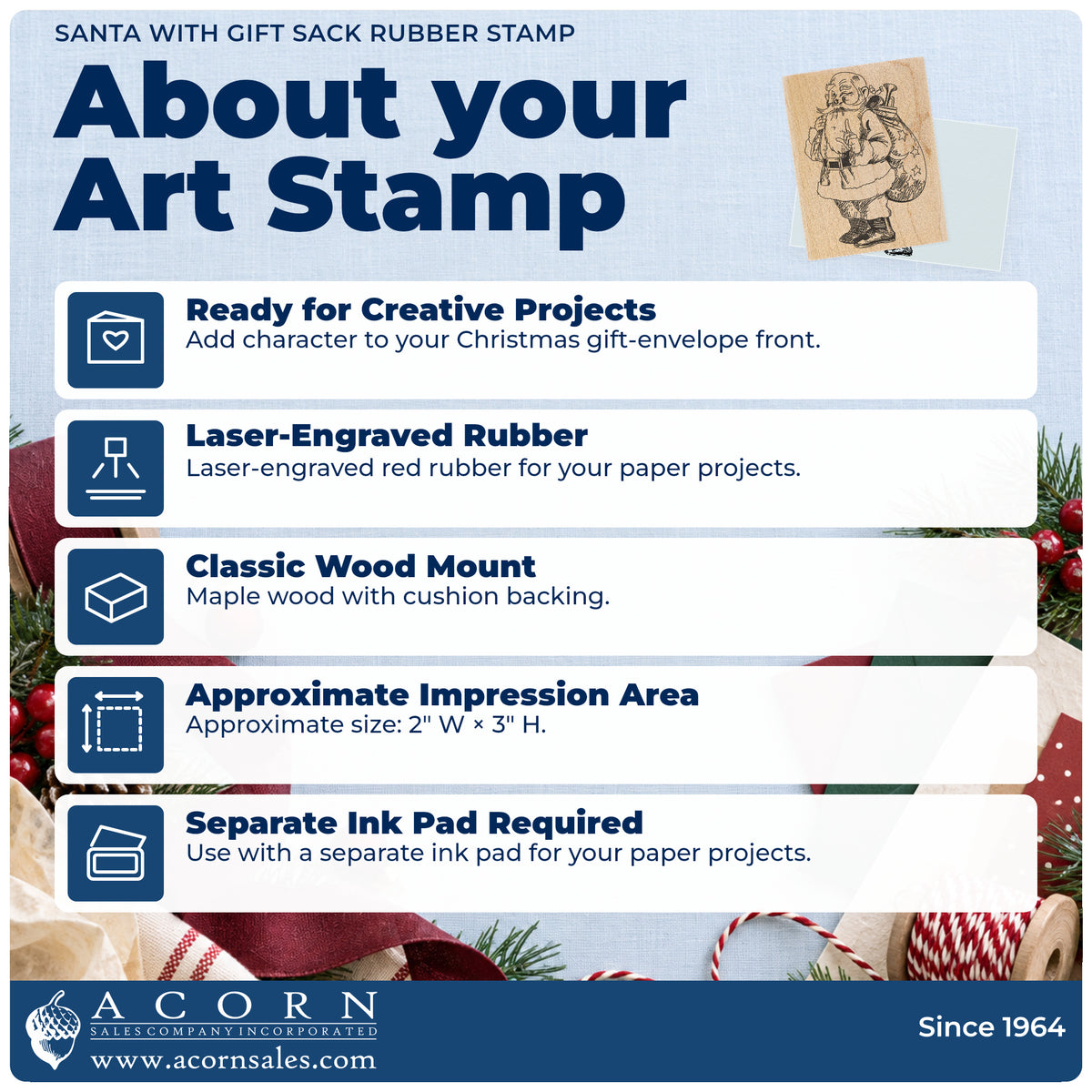 Santa with Gift Sack Rubber Stamp feature guide covering the wood mount, rubber construction, approximate size and separate ink pad.