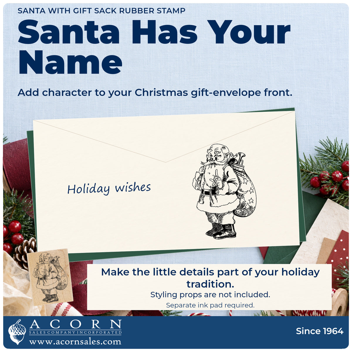 Santa with Gift Sack Rubber Stamp project inspiration: Christmas gift envelope front.