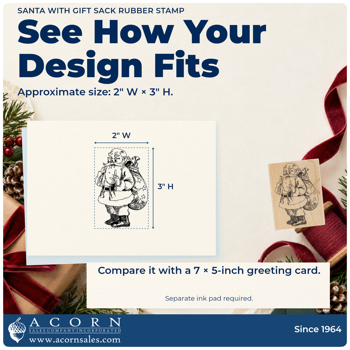 Santa with Gift Sack Rubber Stamp impression-size guide showing the design on a paper reference with dimension labels.