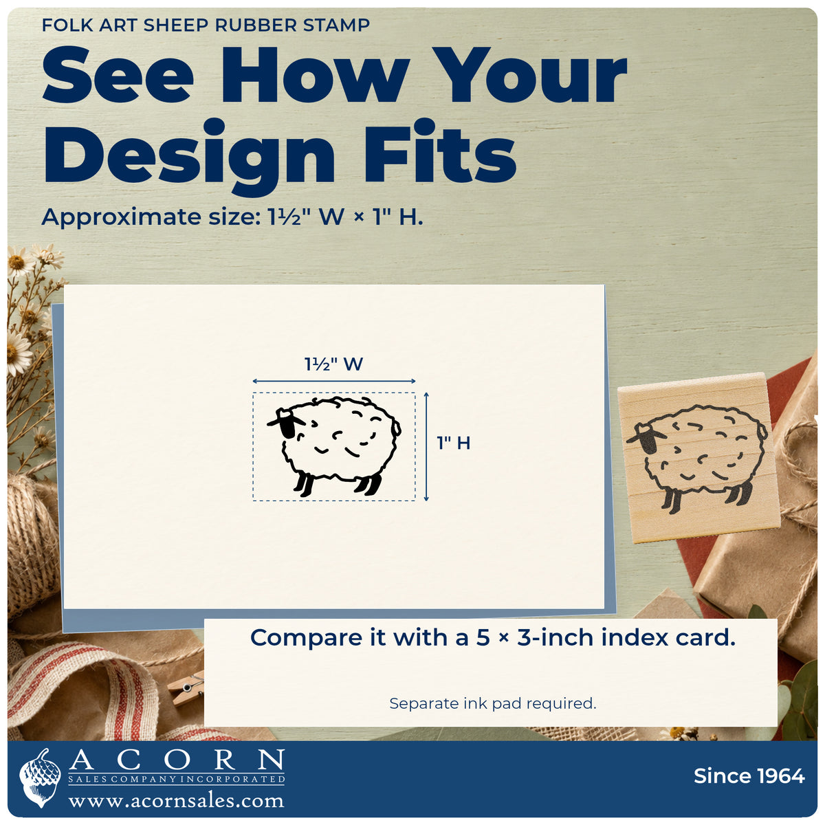 Folk Art Sheep Rubber Stamp impression-size guide showing the design on a paper reference with dimension labels.