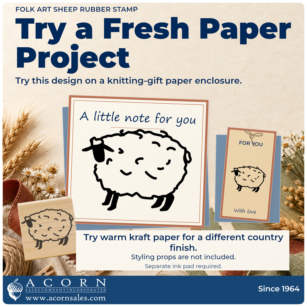 Folk Art Sheep Rubber Stamp project inspiration: knitting gift paper enclosure.