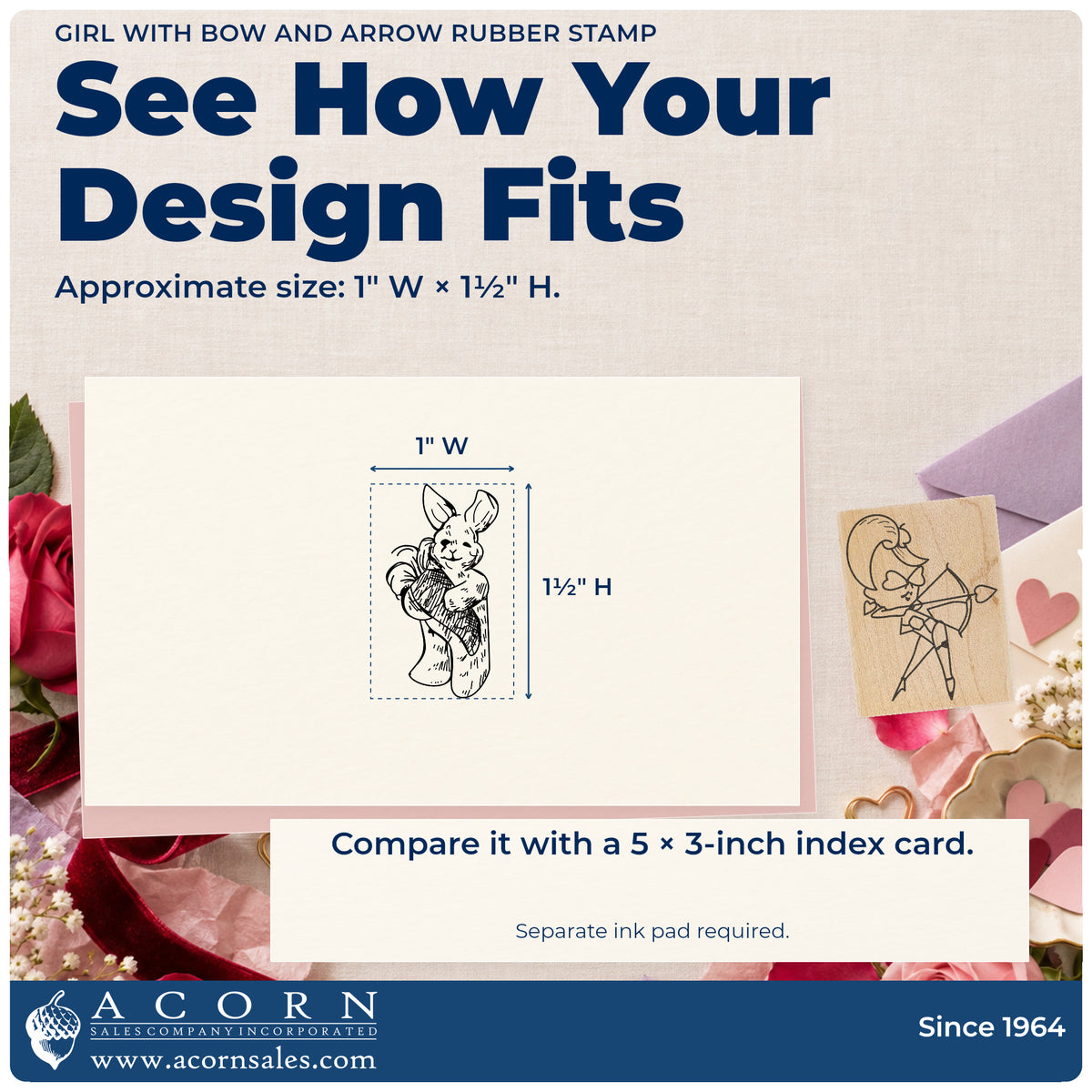 Girl with Bow and Arrow Rubber Stamp impression-size guide showing the design on a paper reference with dimension labels.