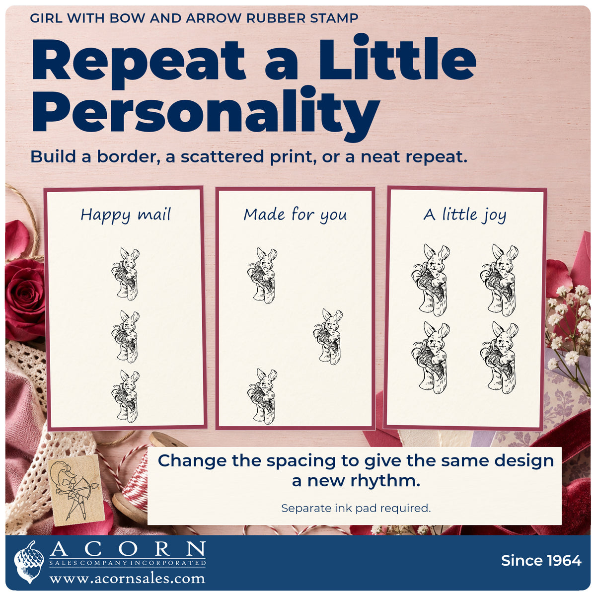 Girl with Bow and Arrow Rubber Stamp pattern guide showing repeated impressions in borders, scattered prints and a grid.
