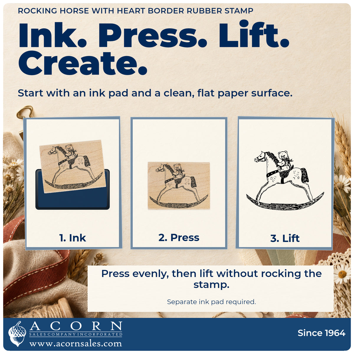 Rocking Horse with Heart Border Rubber Stamp stamping guide illustrating how to ink, press and lift the stamp.