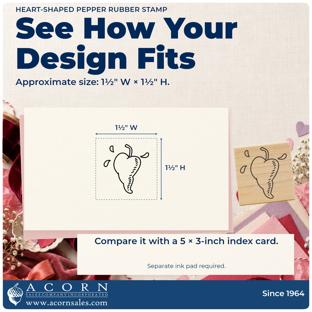 Heart-shaped Pepper Rubber Stamp impression-size guide showing the design on a paper reference with dimension labels.