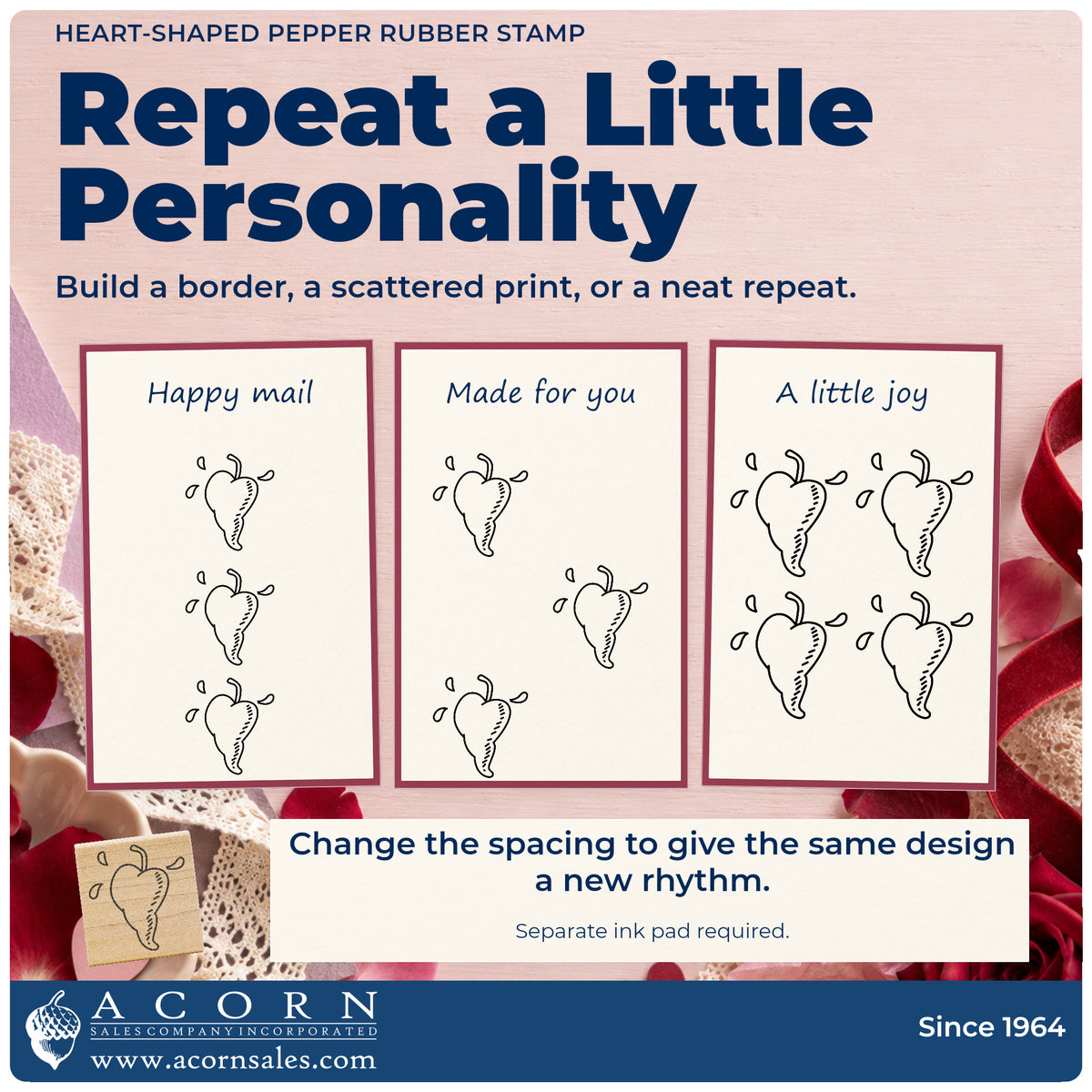 Heart-shaped Pepper Rubber Stamp pattern guide showing repeated impressions in borders, scattered prints and a grid.