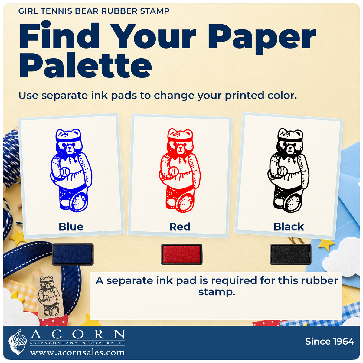 Girl Tennis Bear Rubber Stamp ink-color infographic comparing three single-color impressions and a separate ink pad.