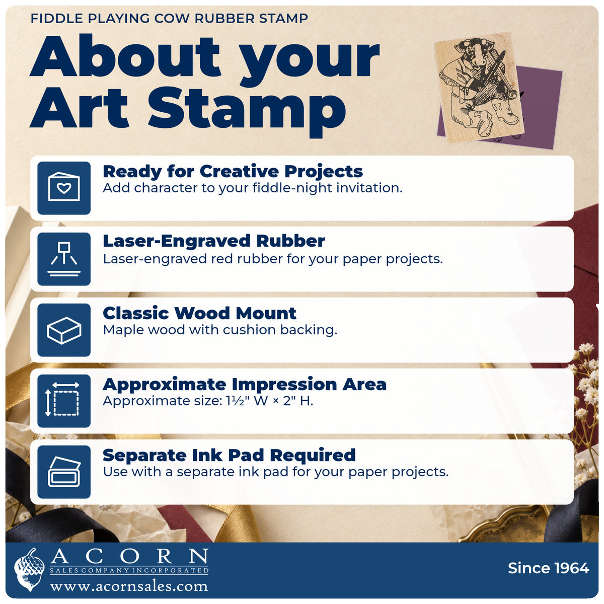 Fiddle Playing Cow Rubber Stamp feature guide covering the wood mount, rubber construction, approximate size and separate ink pad.