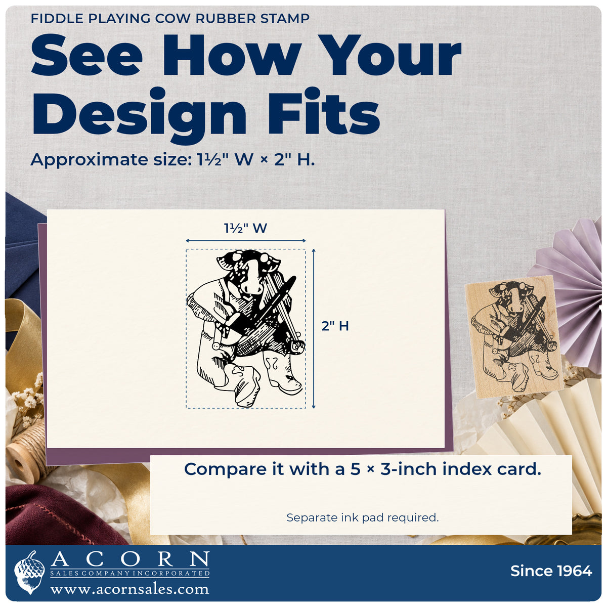 Fiddle Playing Cow Rubber Stamp impression-size guide showing the design on a paper reference with dimension labels.