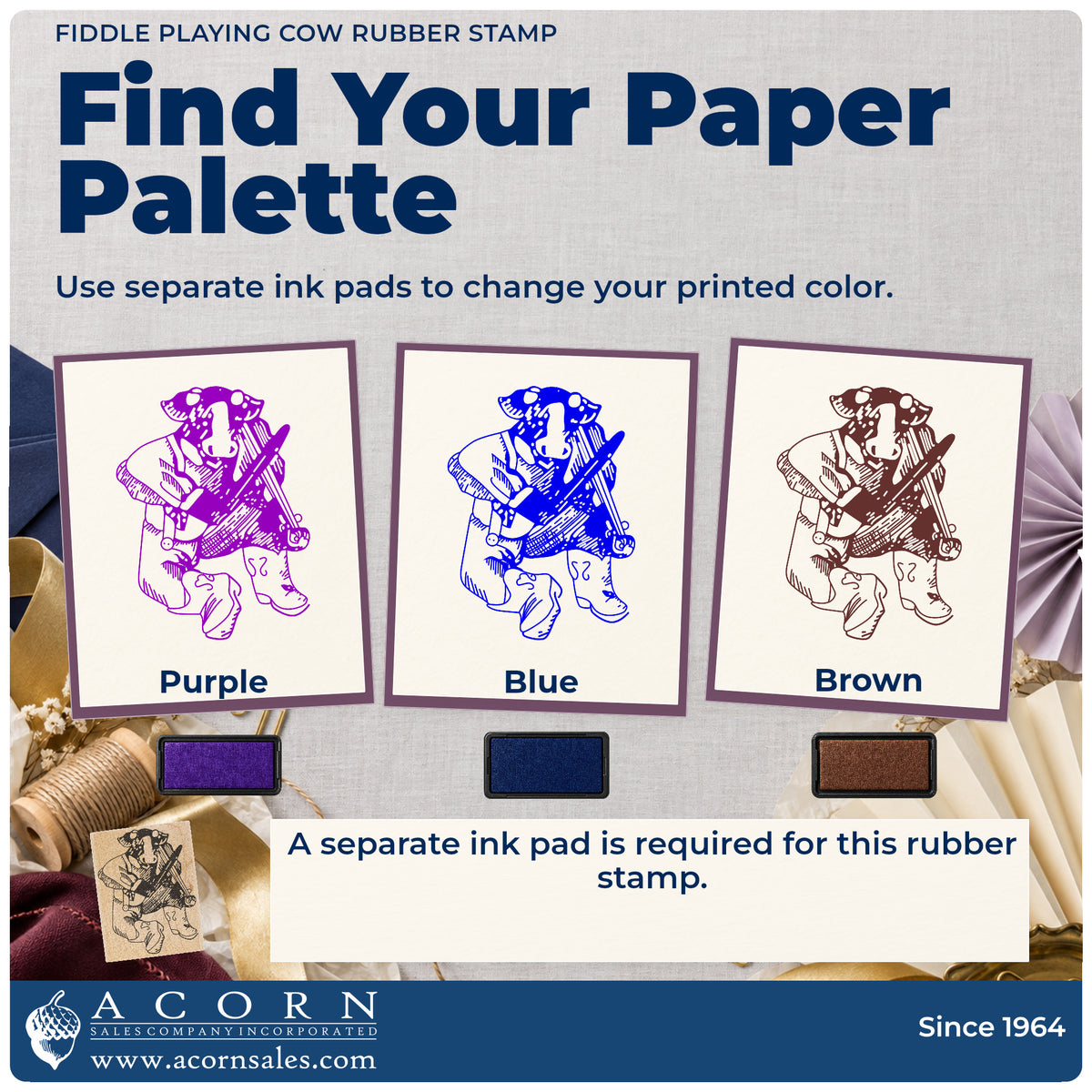 Fiddle Playing Cow Rubber Stamp ink-color infographic comparing three single-color impressions and a separate ink pad.