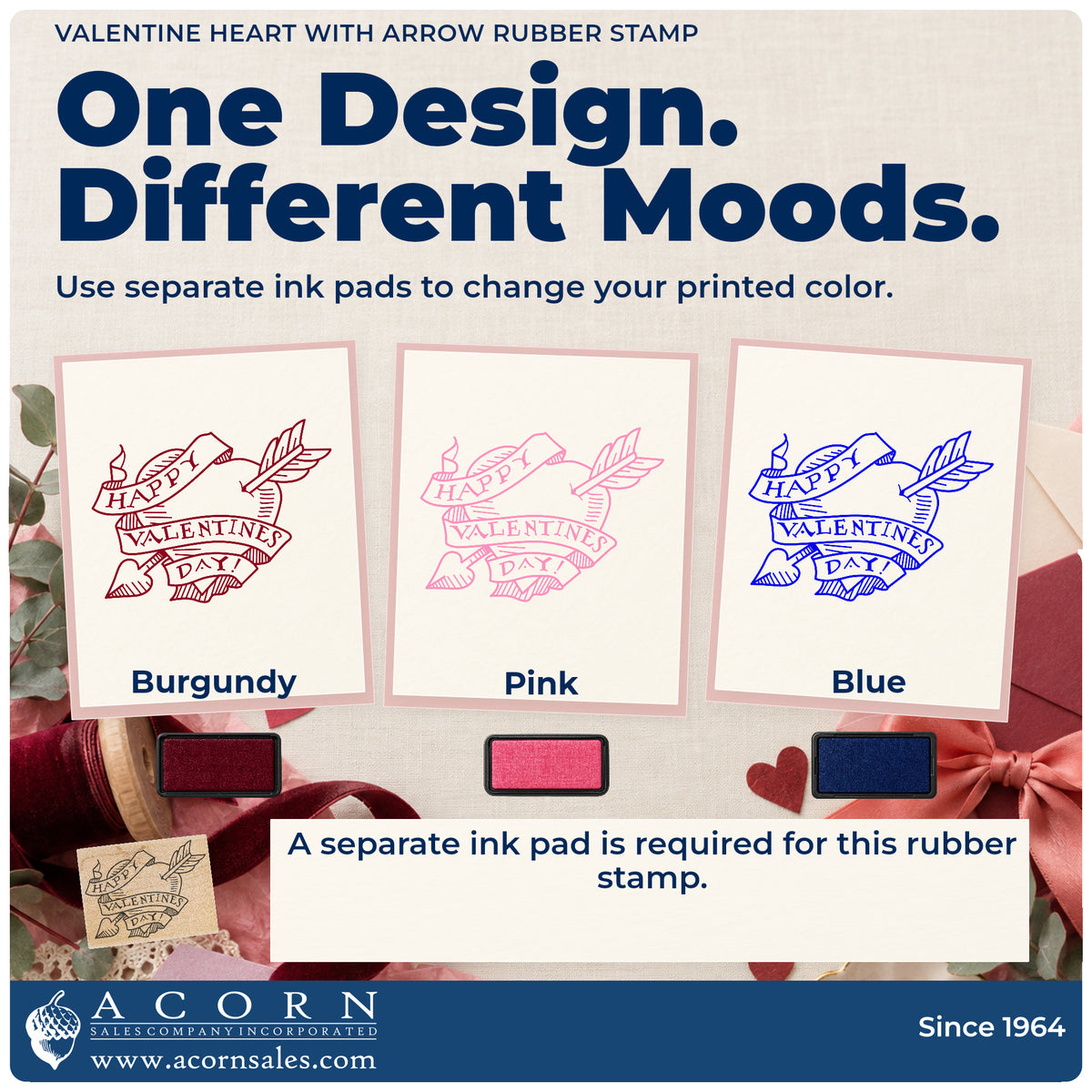 Valentine Heart with Arrow Rubber Stamp ink-color infographic comparing three single-color impressions and a separate ink pad.