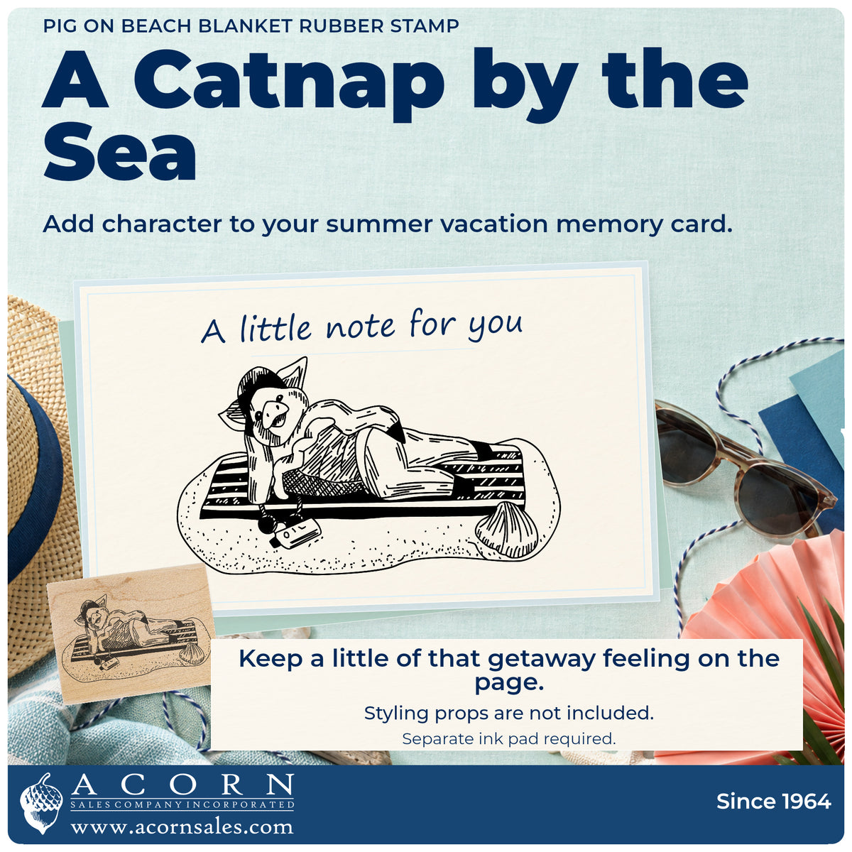 Pig on Beach Blanket Rubber Stamp project inspiration: summer vacation memory card.