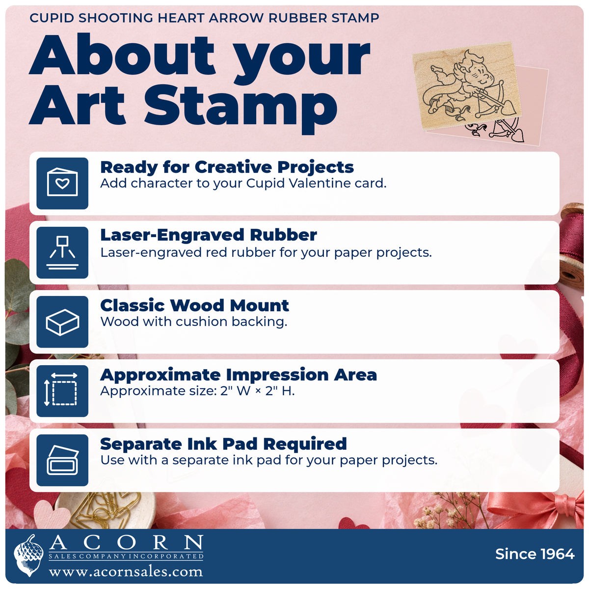 Cupid Shooting Heart Arrow Rubber Stamp feature guide covering the wood mount, rubber construction, approximate size and separate ink pad.