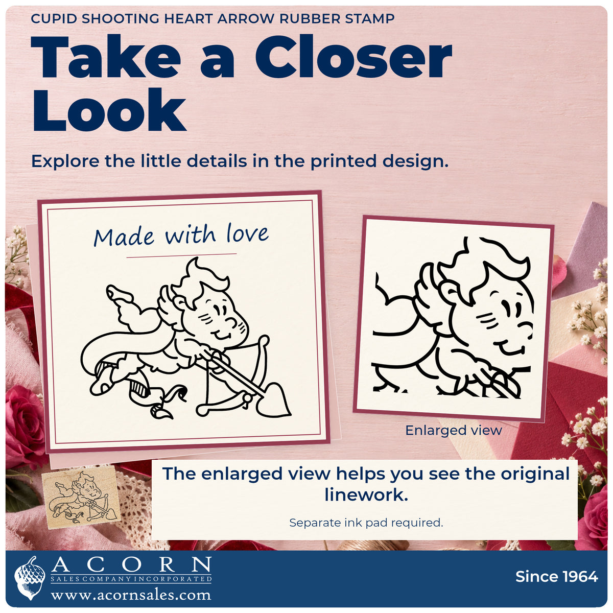Cupid Shooting Heart Arrow Rubber Stamp detail infographic with an enlarged view of the printed design.