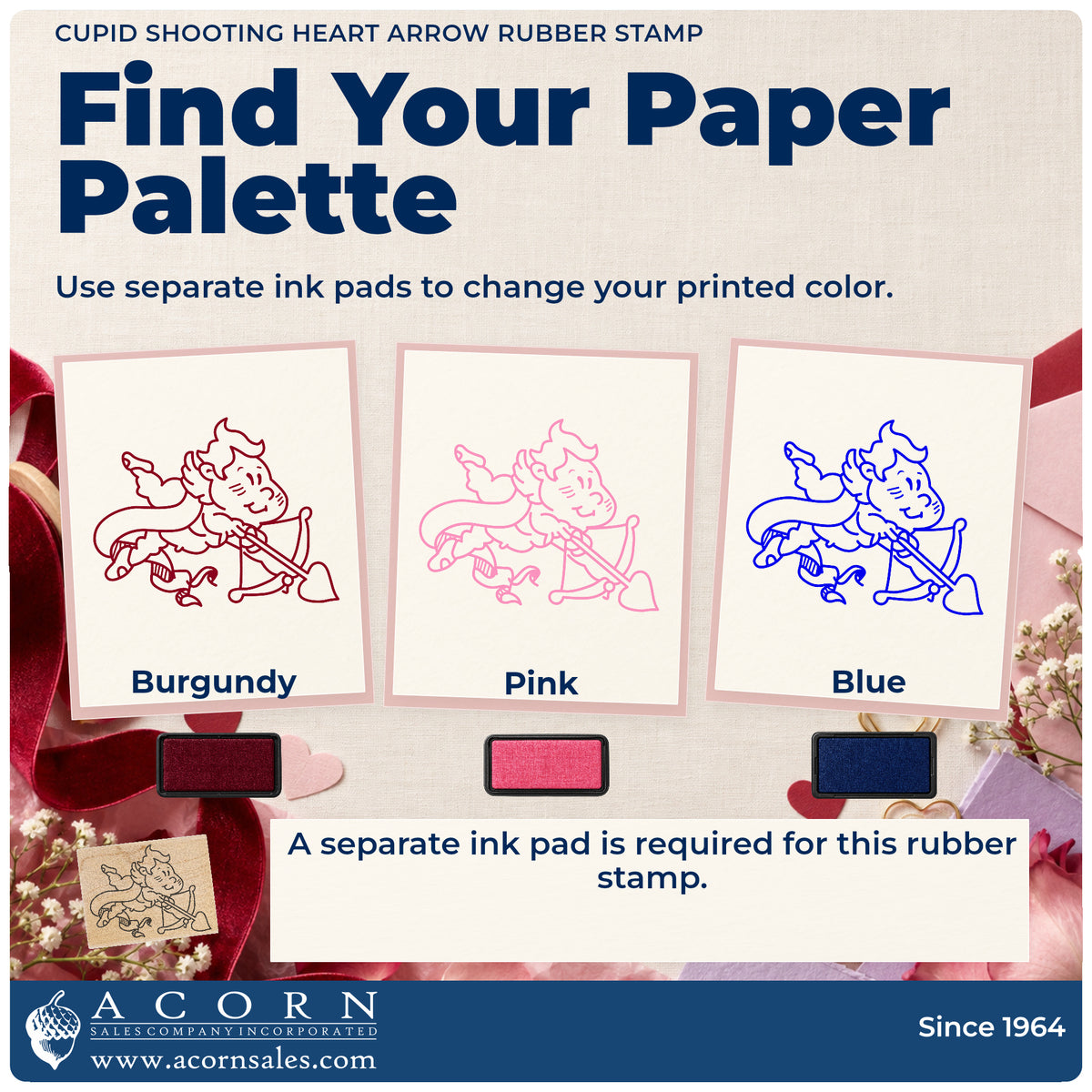 Cupid Shooting Heart Arrow Rubber Stamp ink-color infographic comparing three single-color impressions and a separate ink pad.