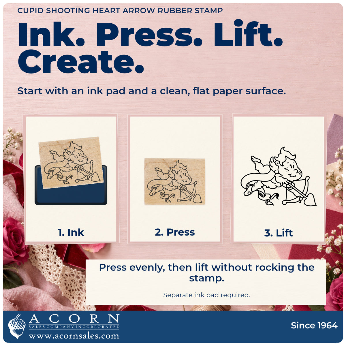 Cupid Shooting Heart Arrow Rubber Stamp stamping guide illustrating how to ink, press and lift the stamp.