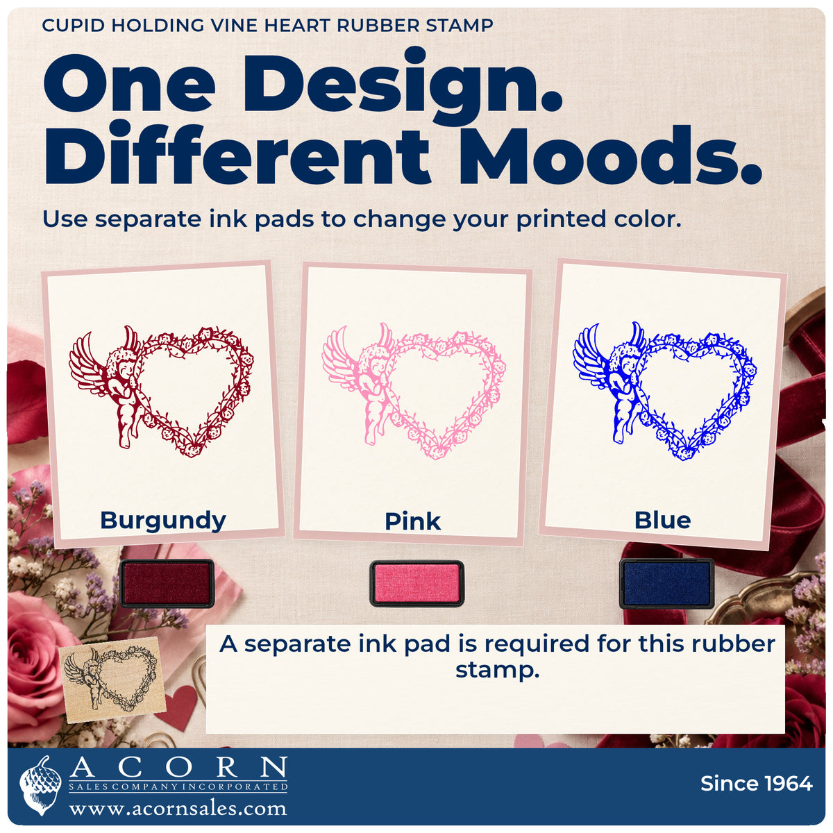 Cupid Holding Vine Heart Rubber Stamp ink-color infographic comparing three single-color impressions and a separate ink pad.