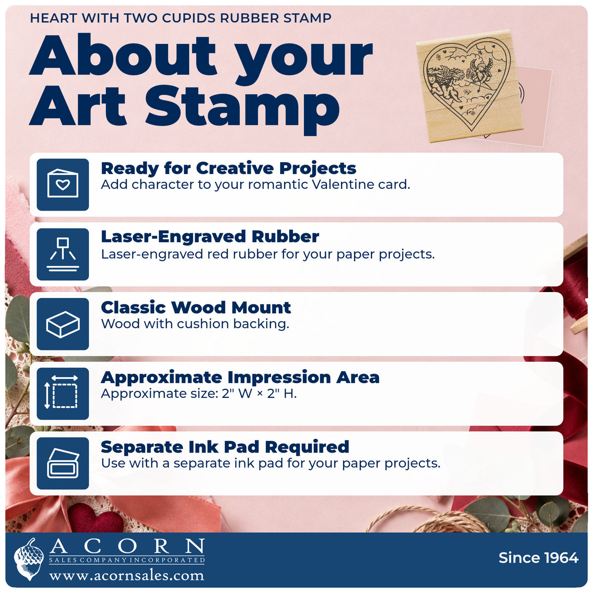 Heart with Two Cupids Rubber Stamp feature guide covering the wood mount, rubber construction, approximate size and separate ink pad.