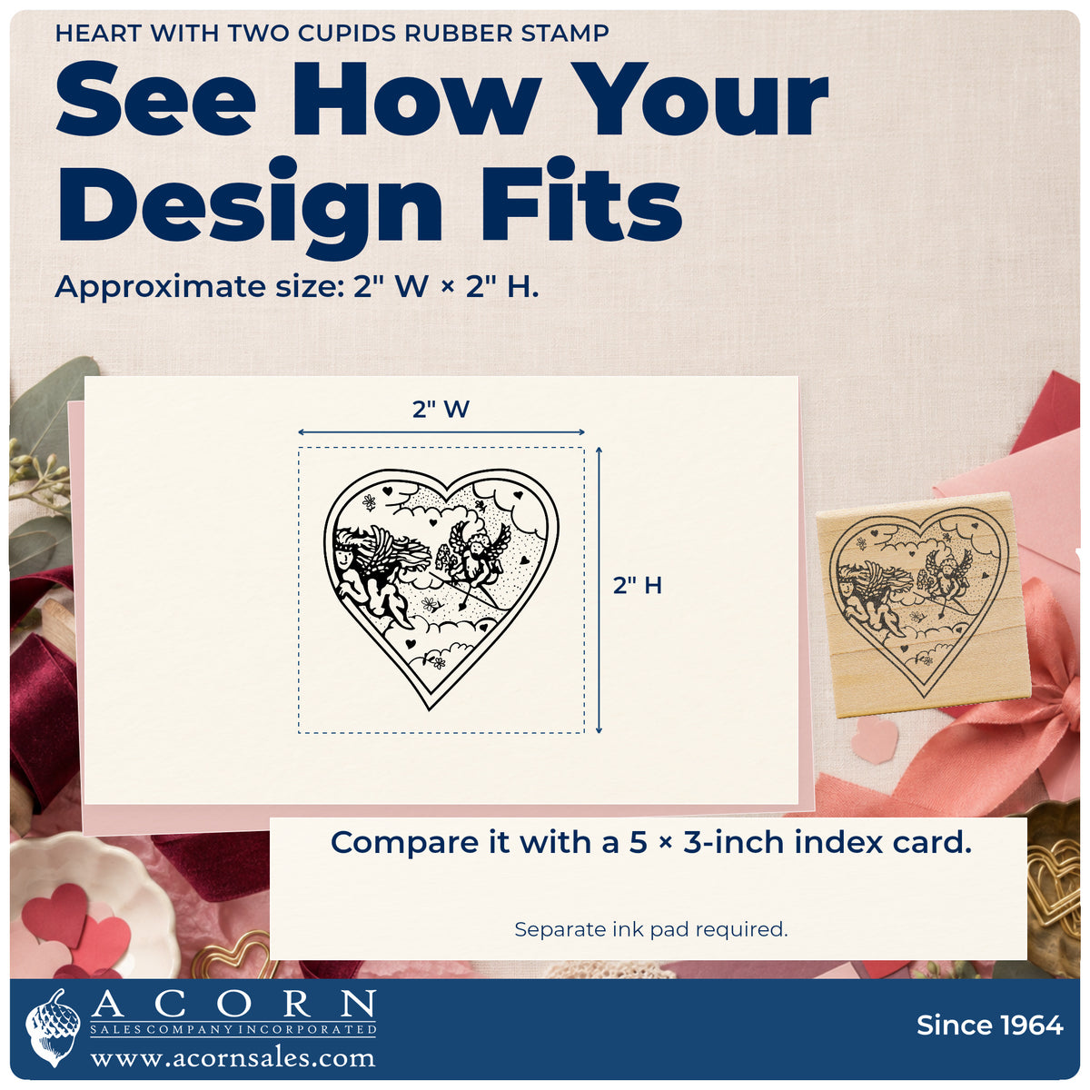 Heart with Two Cupids Rubber Stamp impression-size guide showing the design on a paper reference with dimension labels.