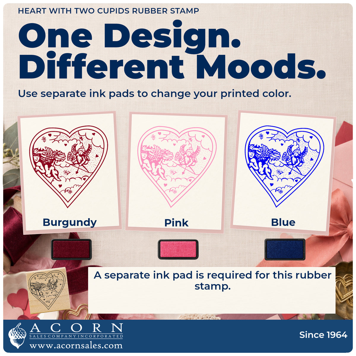 Heart with Two Cupids Rubber Stamp ink-color infographic comparing three single-color impressions and a separate ink pad.