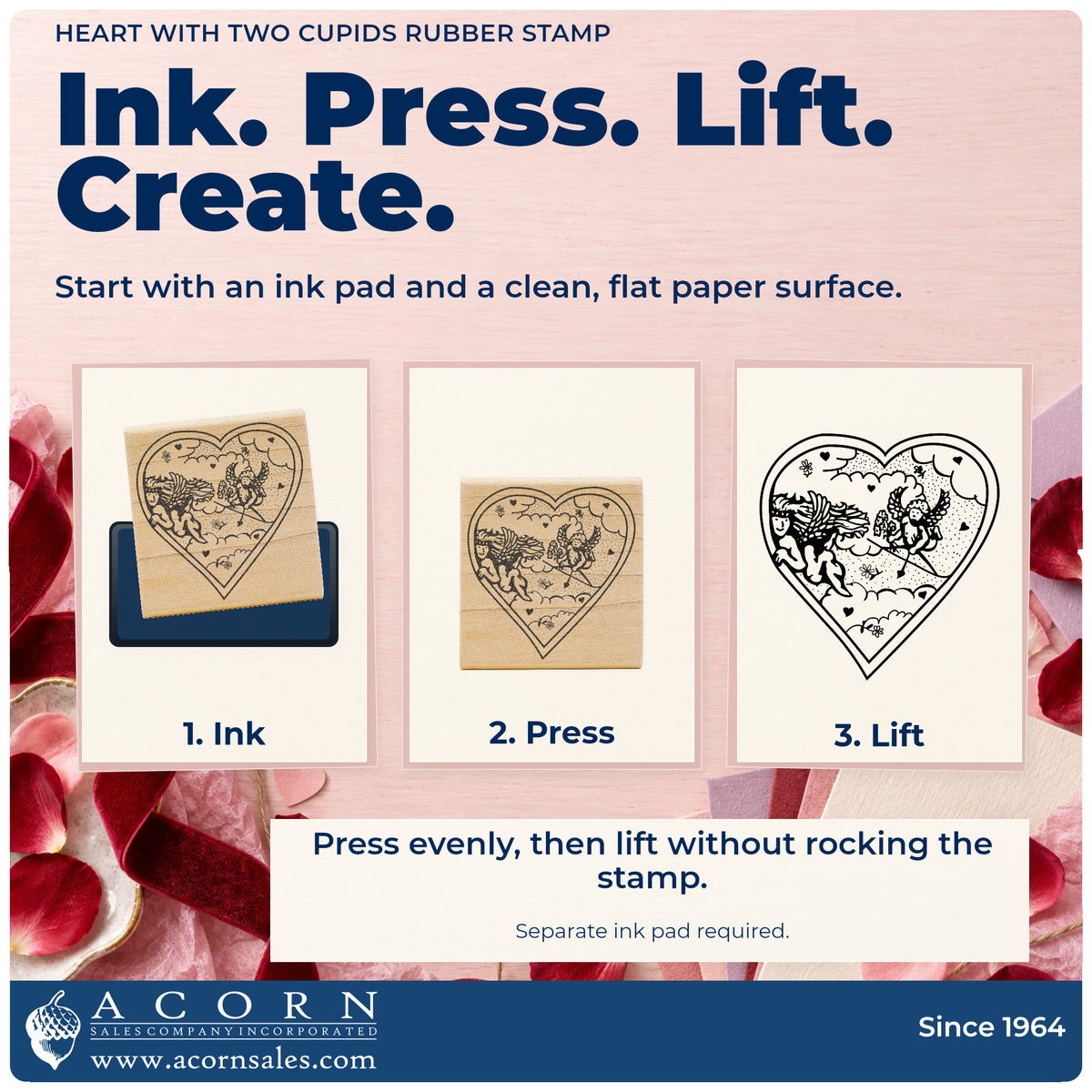 Heart with Two Cupids Rubber Stamp stamping guide illustrating how to ink, press and lift the stamp.