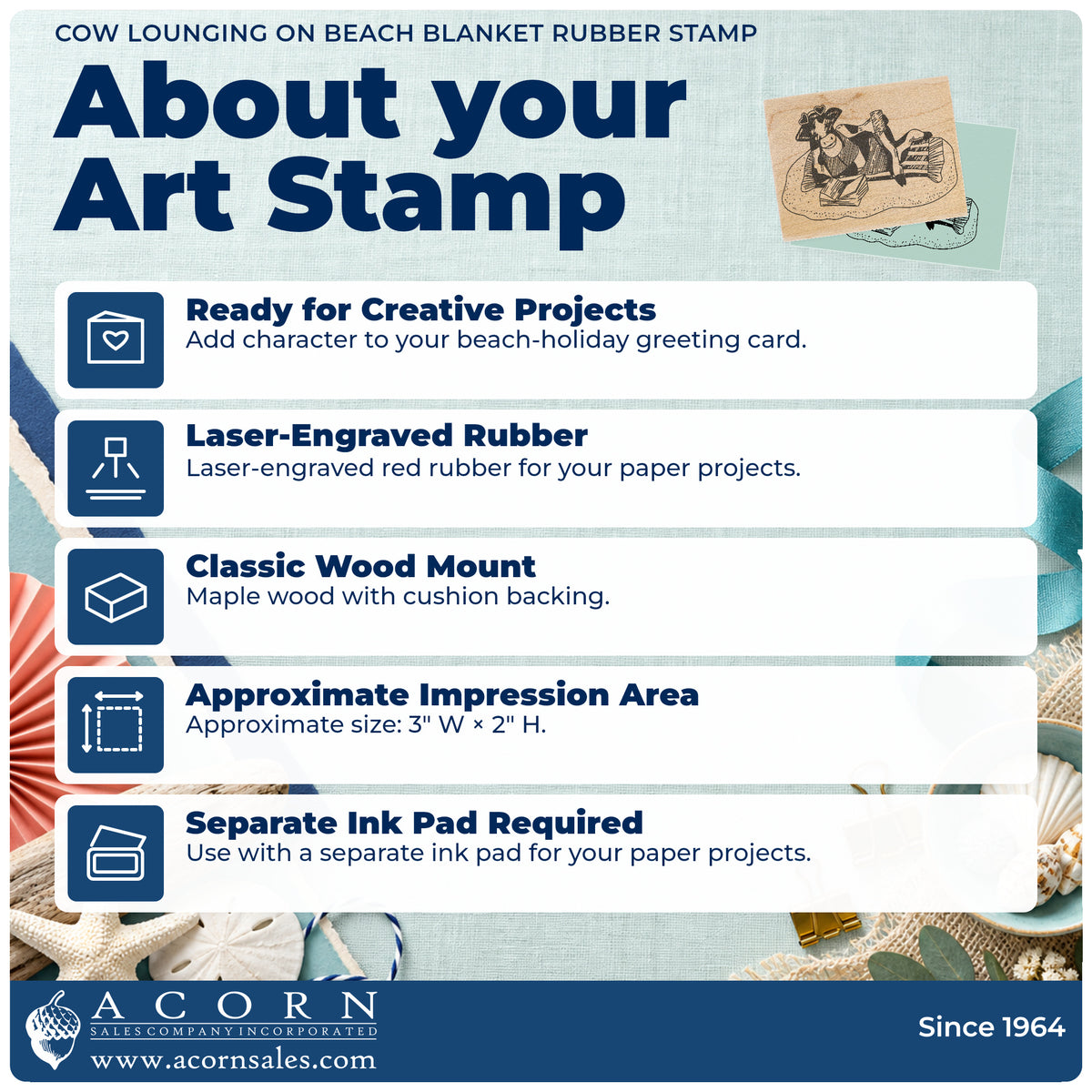 Cow Lounging on Beach Blanket Rubber Stamp feature guide covering the wood mount, rubber construction, approximate size and separate ink pad.
