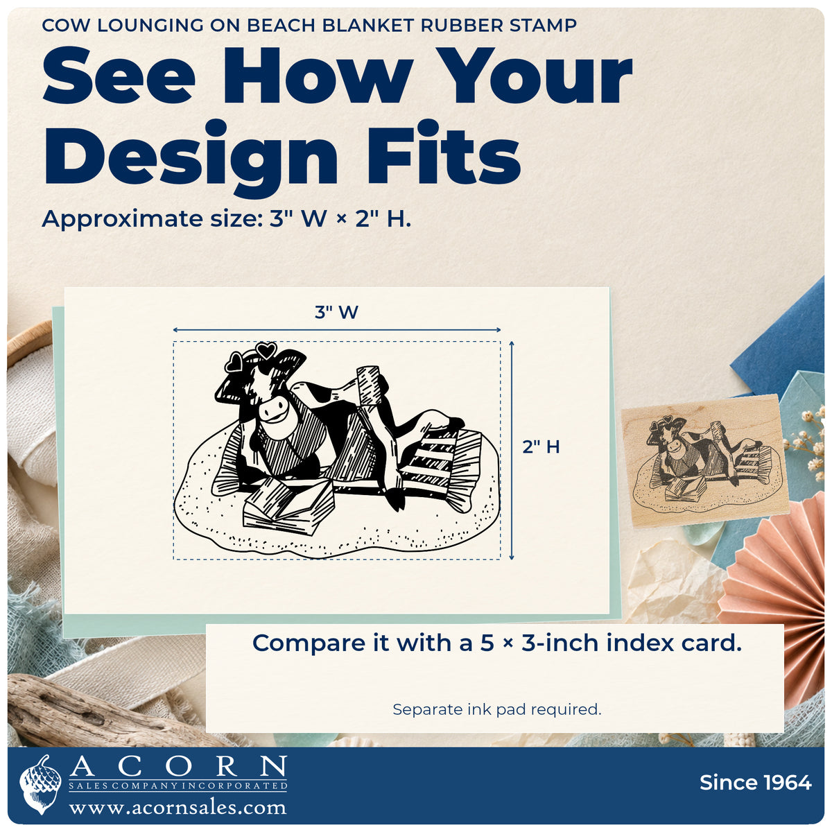 Cow Lounging on Beach Blanket Rubber Stamp impression-size guide showing the design on a paper reference with dimension labels.