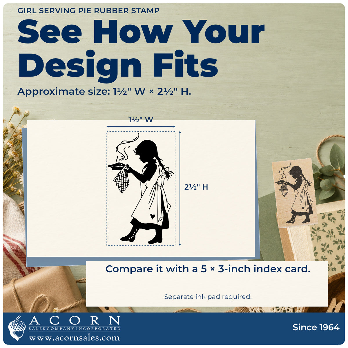 Girl Serving Pie Rubber Stamp impression-size guide showing the design on a paper reference with dimension labels.