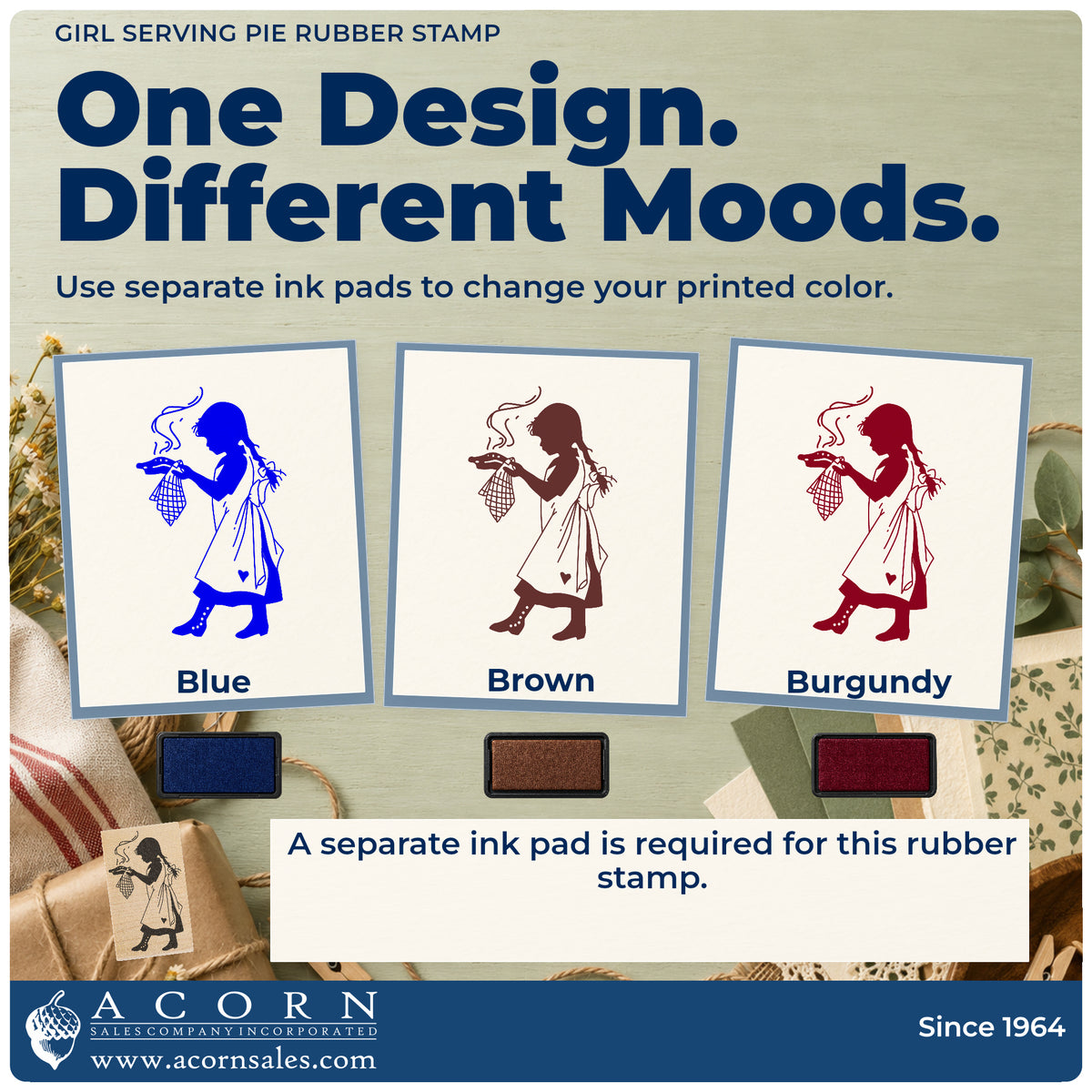 Girl Serving Pie Rubber Stamp ink-color infographic comparing three single-color impressions and a separate ink pad.