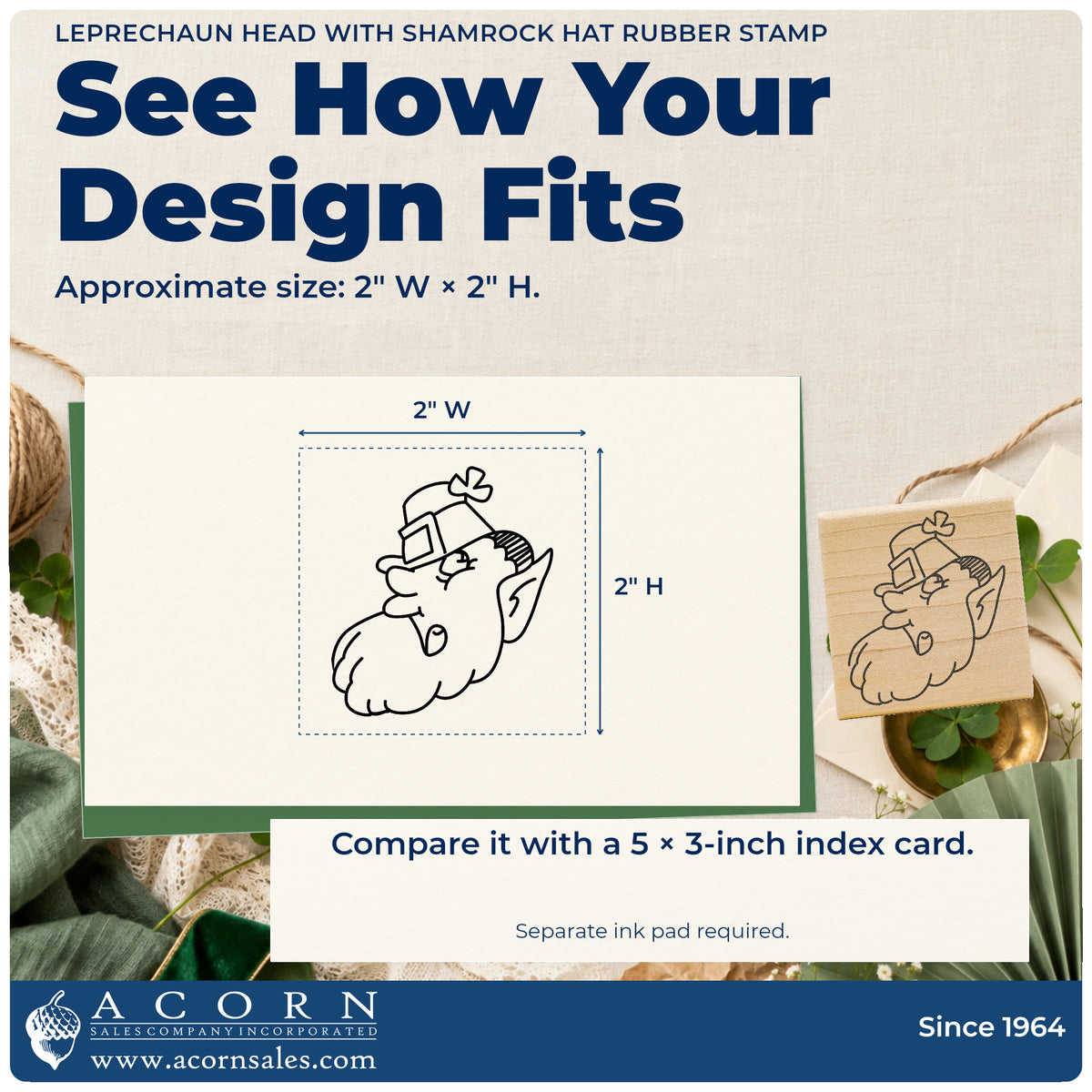 Leprechaun Head with Shamrock Hat Rubber Stamp impression-size guide showing the design on a paper reference with dimension labels.