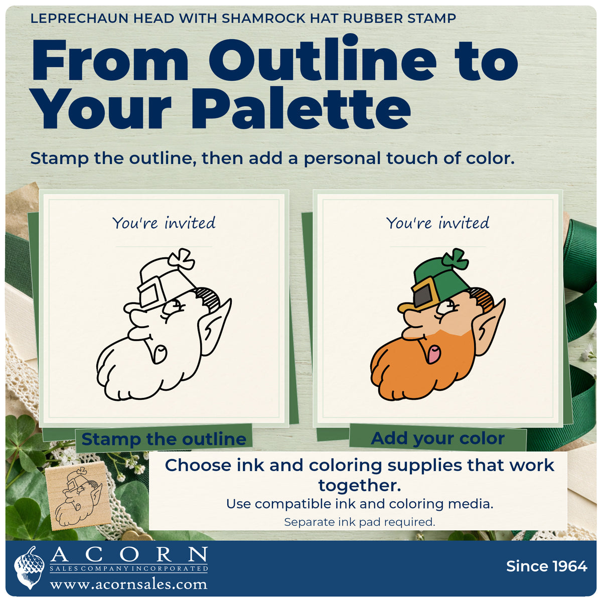 Leprechaun Head with Shamrock Hat Rubber Stamp stamp-and-color guide comparing an outline impression with a colored example.