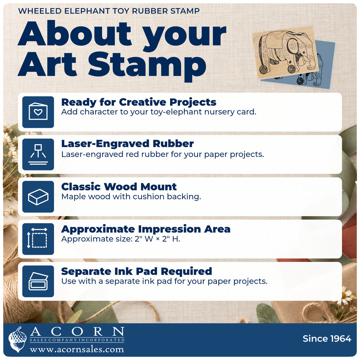 Wheeled Elephant Toy Rubber Stamp feature guide covering the wood mount, rubber construction, approximate size and separate ink pad.