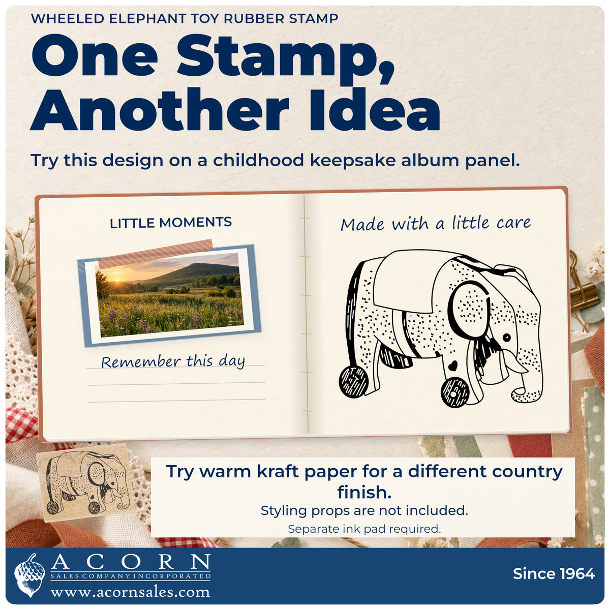 Wheeled Elephant Toy Rubber Stamp project inspiration: childhood keepsake album panel.