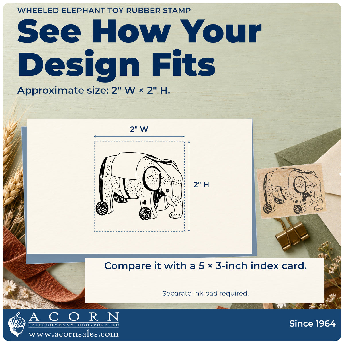 Wheeled Elephant Toy Rubber Stamp impression-size guide showing the design on a paper reference with dimension labels.