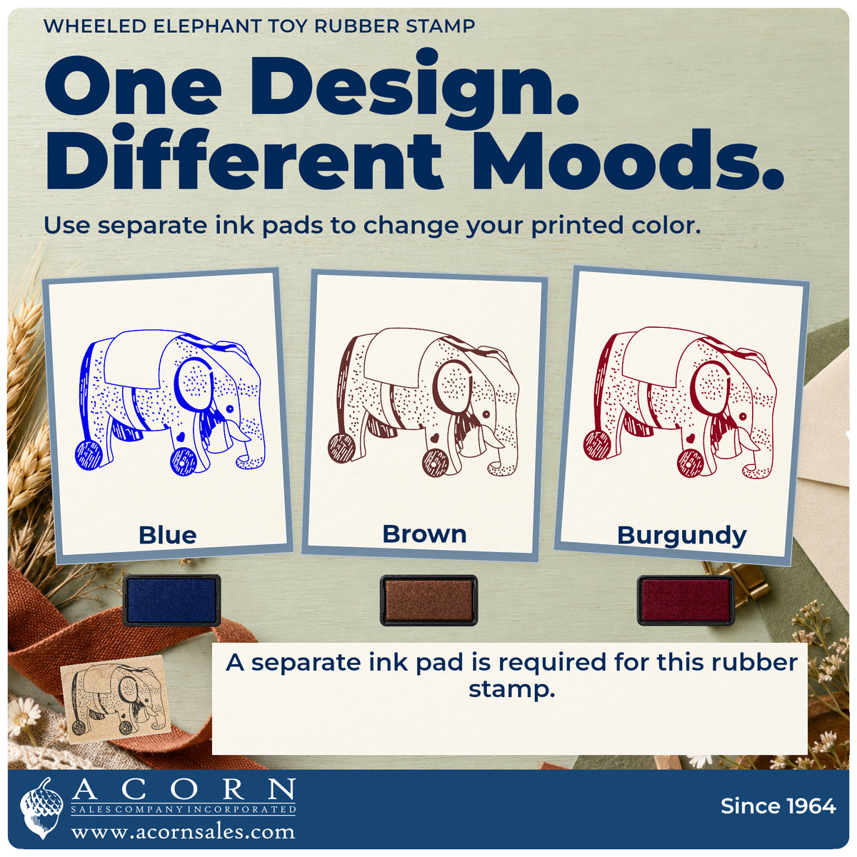 Wheeled Elephant Toy Rubber Stamp ink-color infographic comparing three single-color impressions and a separate ink pad.
