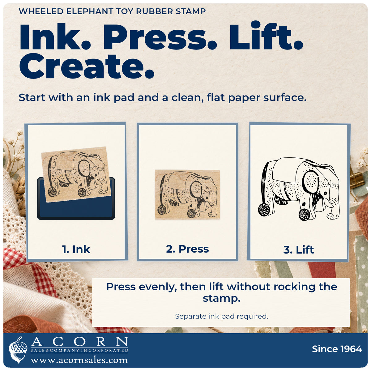 Wheeled Elephant Toy Rubber Stamp stamping guide illustrating how to ink, press and lift the stamp.