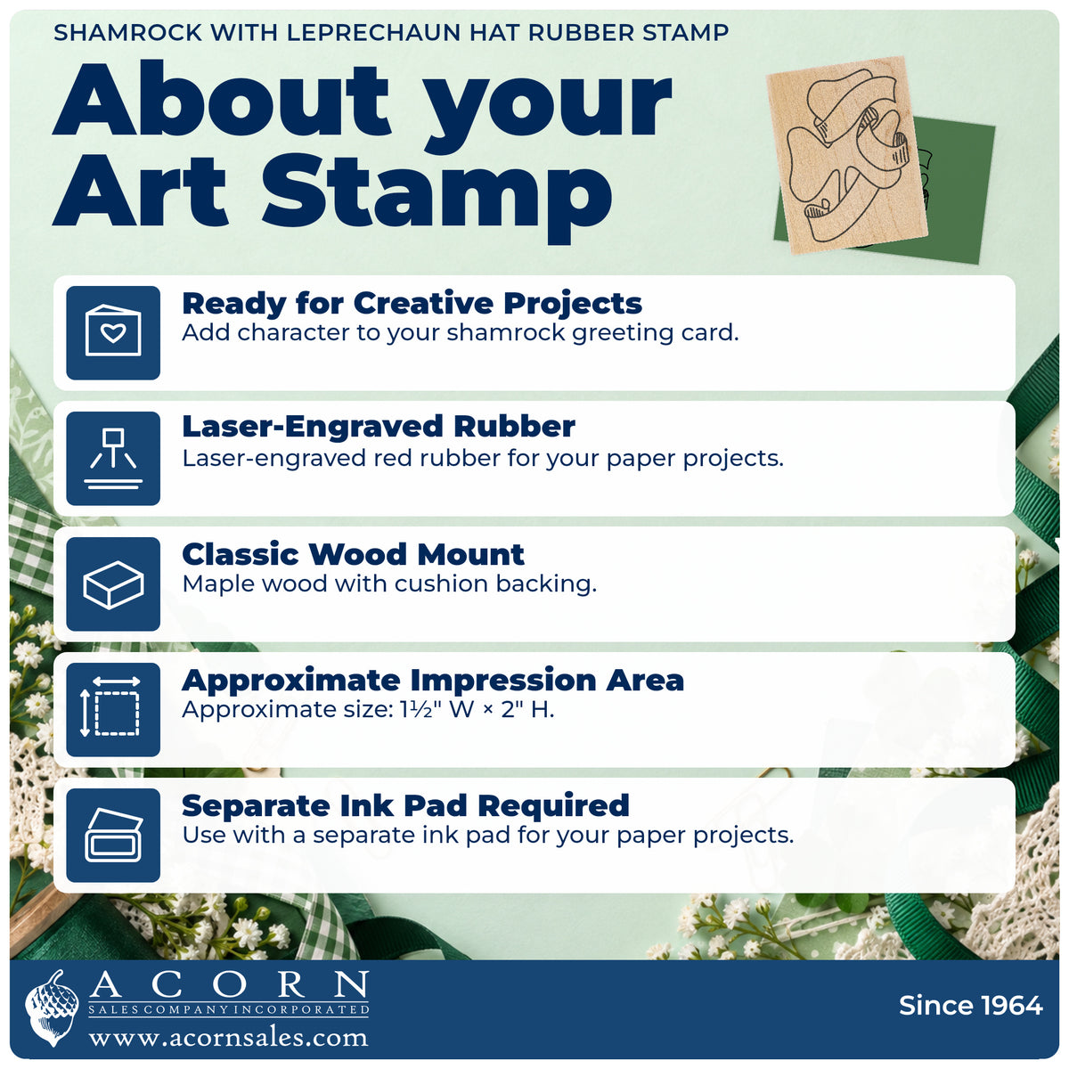 Shamrock with Leprechaun Hat Rubber Stamp feature guide covering the wood mount, rubber construction, approximate size and separate ink pad.